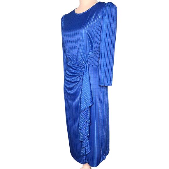 Vintage 80s Kings Row Blue Shirred Satin Stripe Dress Back Zip Shoulder Pads - Picture 10 of 10
